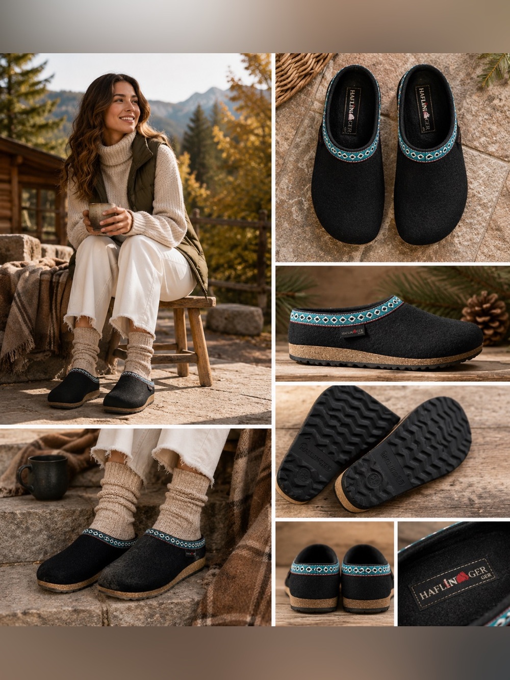Haflinger Black Slippers with Teal and White Trim